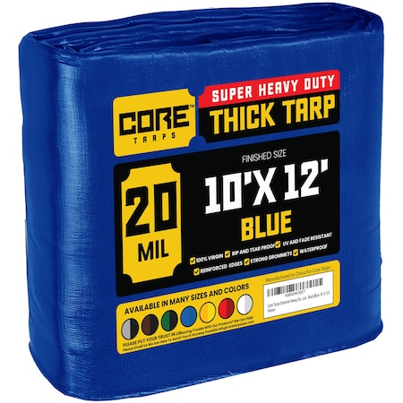 Core Tarps Heavy Duty Tarp, 12 ft L x 0.5 mm H x 10 ft W, 20 Mil, Blue, Polyethylene CT-705-10X12